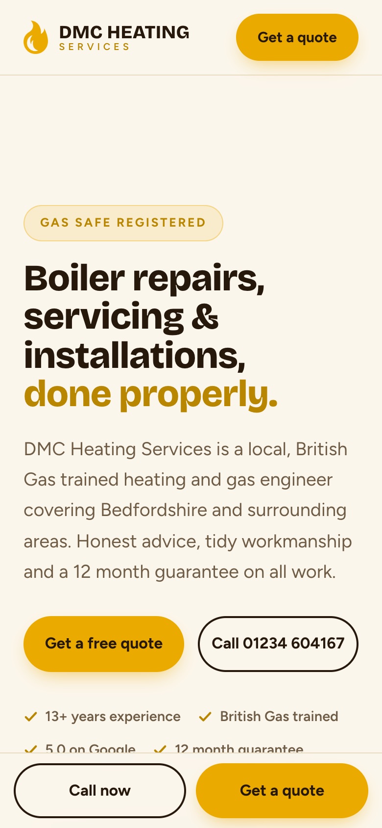 New DMC Heating site on a phone, with call and WhatsApp one tap away