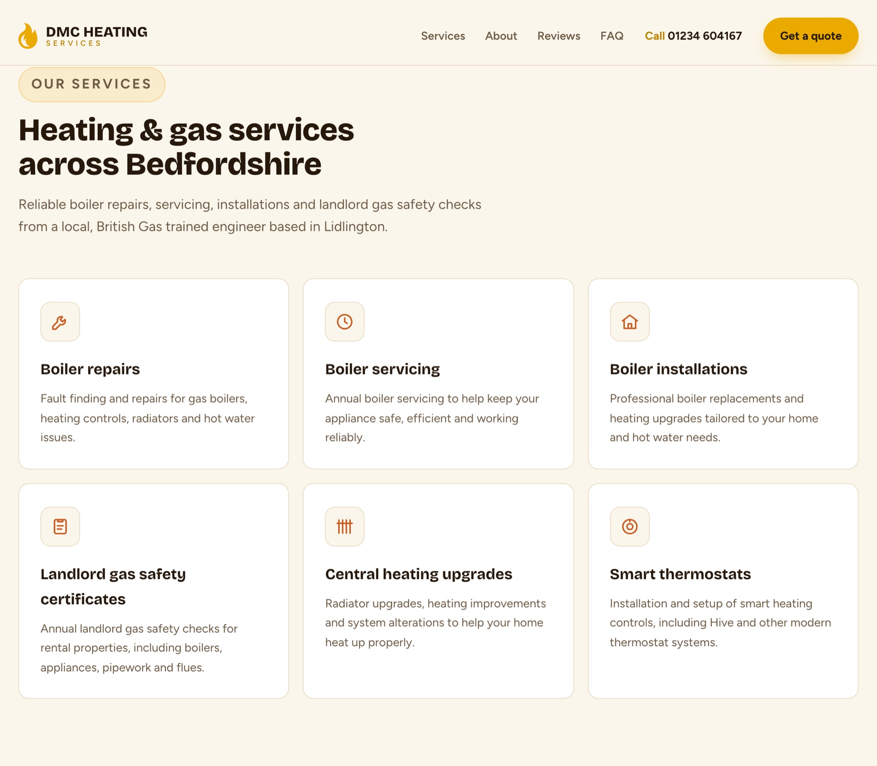 Services section of the new DMC Heating site: repairs, servicing and installations written up in plain English