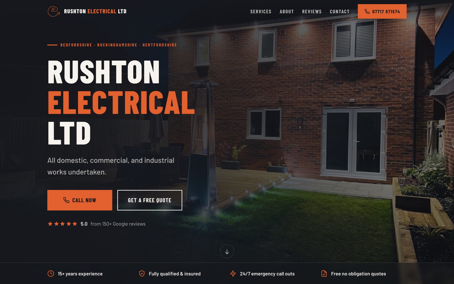 The new Rushton Electrical website: bold dark design with strong headline, clear phone number and call buttons
