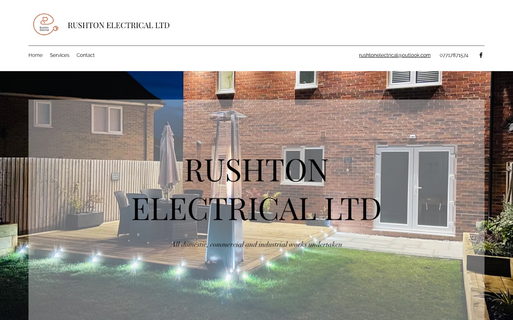 The old Rushton Electrical website: default template layout with faint text over a washed-out photo