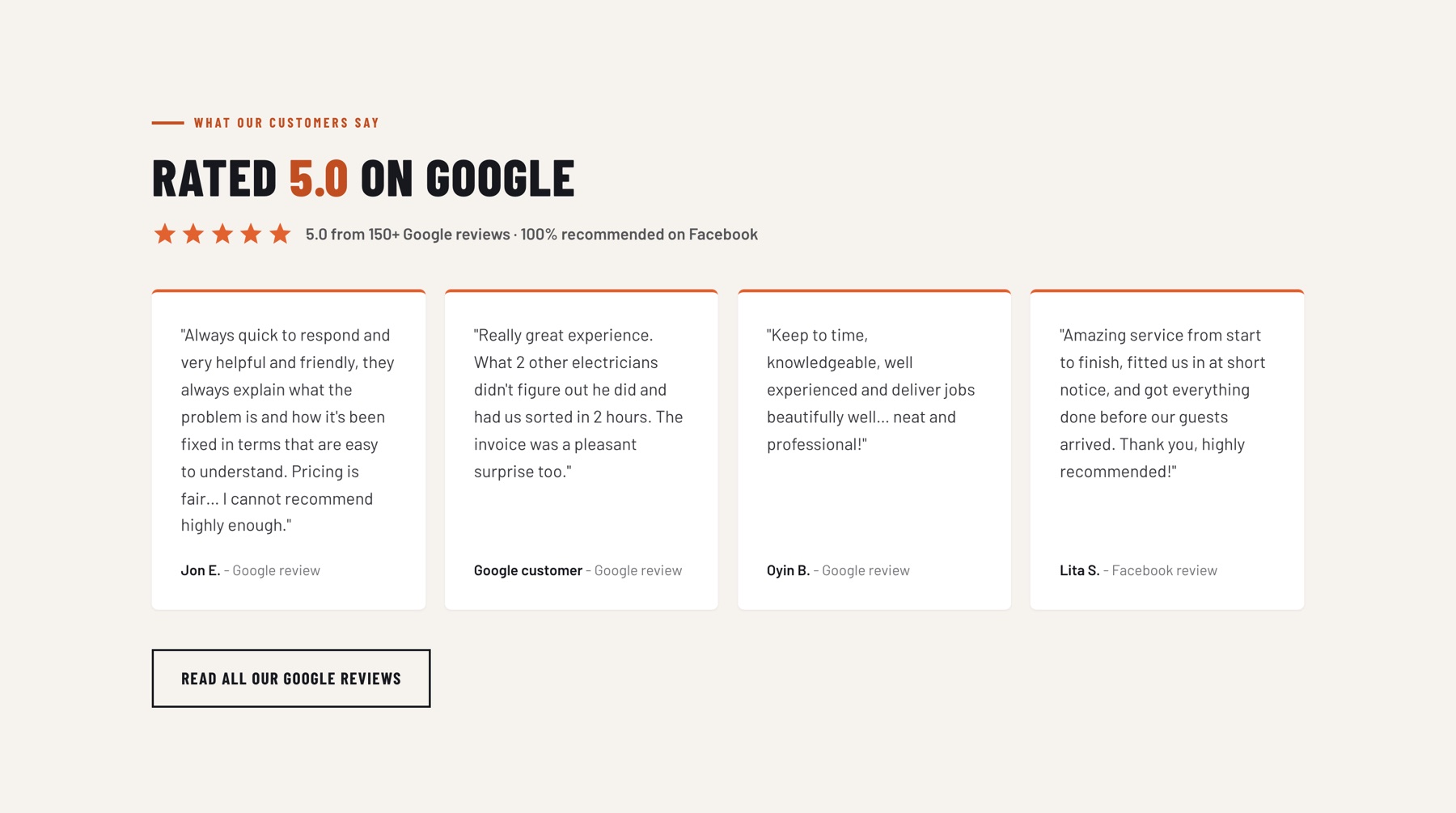 Reviews section of the new site: Rated 5.0 on Google headline with four real customer quotes